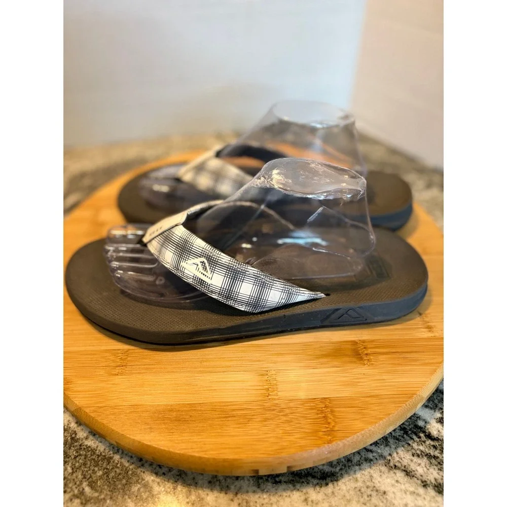 Reef Mens Fanning Flip Flop Sandals Black White Plaid Thong Beach Shoes